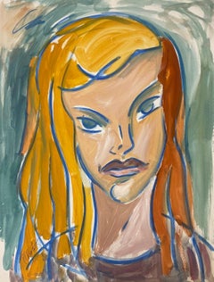 20. Jahrhundert Französisch Modernist Gouache Malerei Porträt von Ginger Haired Female