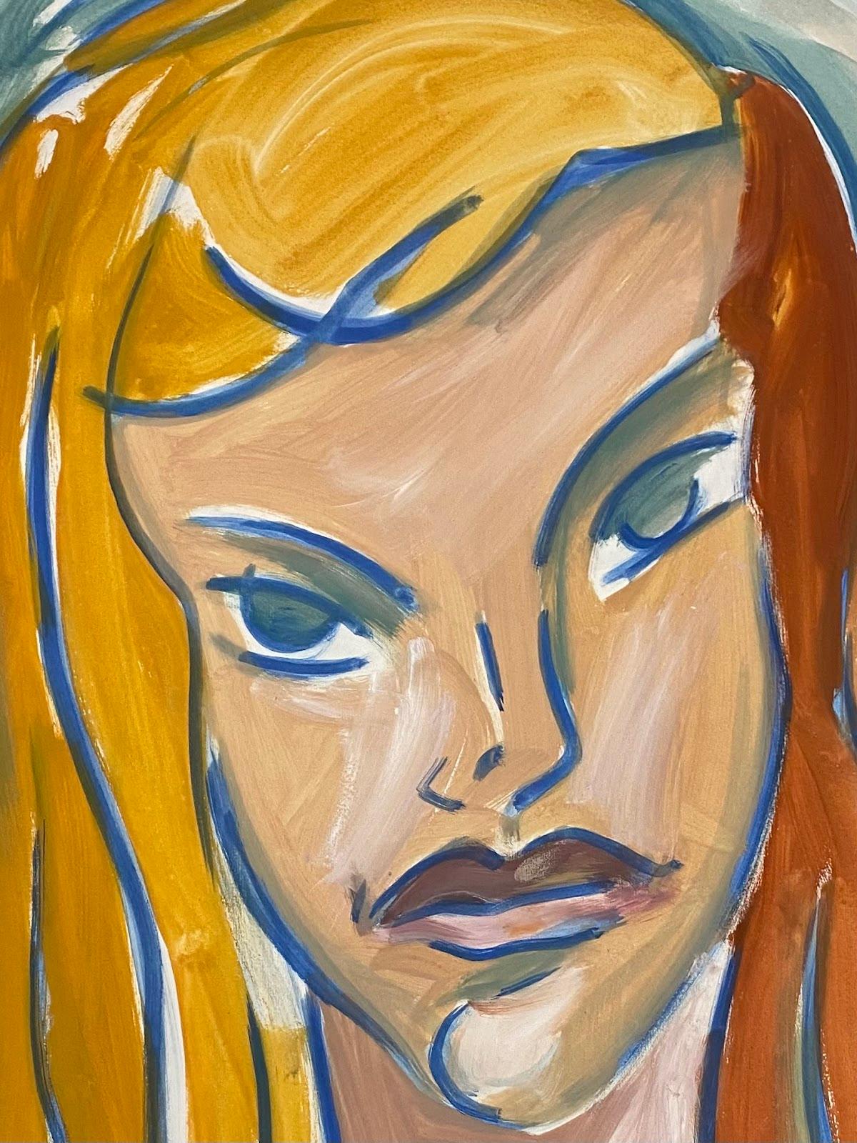 20th Century French Modernist Gouache Painting Portrait of Ginger Haired Female For Sale 1