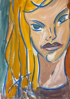 20th Century French Modernist Gouache Painting Portrait of Ginger Haired Female
