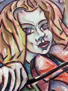 20th Century French Modernist Gouache Painting Portrait Of Lady Playing Violin