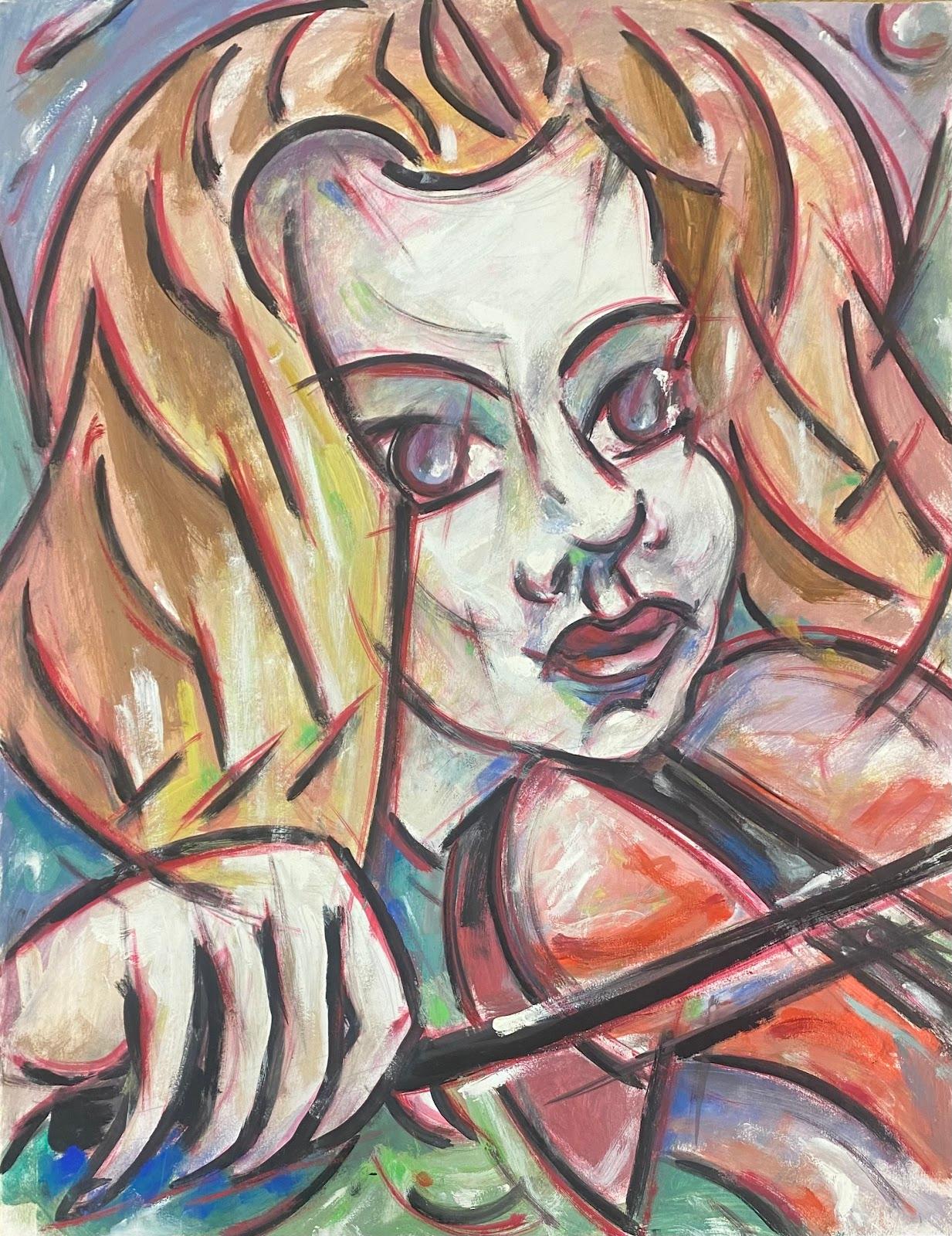 20th Century French Modernist Gouache Painting Portrait Of Lady Playing Violin