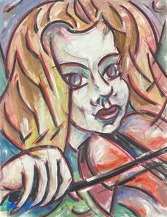 Vintage 20th Century French Modernist Gouache Painting Portrait Of Lady Playing Violin