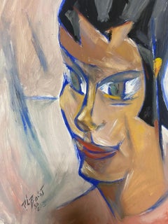 Peinture à la gouache moderniste française du 20e siècle Portrait d'une femme sophistiquée