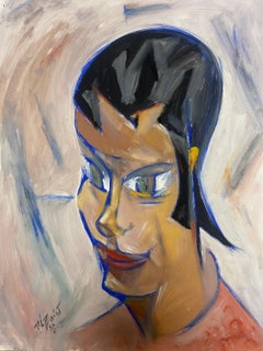 20th Century French Modernist Gouache Painting Portrait Of Sophisticated Woman 