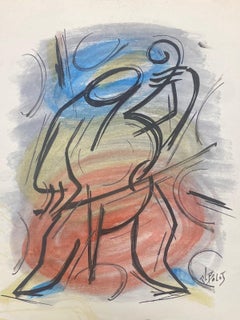 Pittura a guazzo modernista francese del XX secolo Due figure Scena di strumento