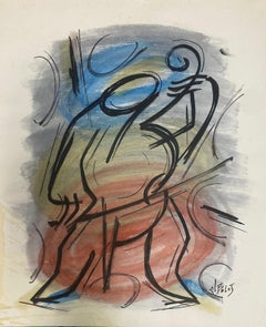 Siglo XX Pintura al gouache modernista francesa Dos figuras Escena de instrumentos