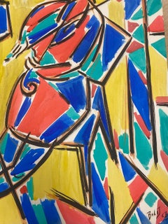 20th Century French Modernist Gouache Painting Wacky Colors Female Musician