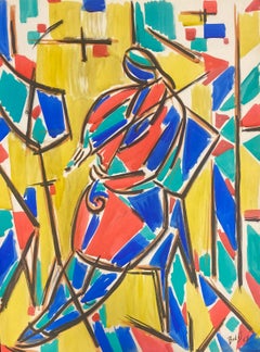 Französisches modernistisches Gouache-Gemälde des 20. Jahrhunderts, Wacky Colors, weibliche Musikerin