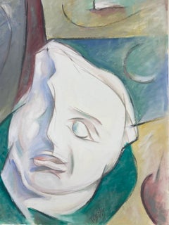 20th Century French Modernist Gouache Painting White Half Visage Character