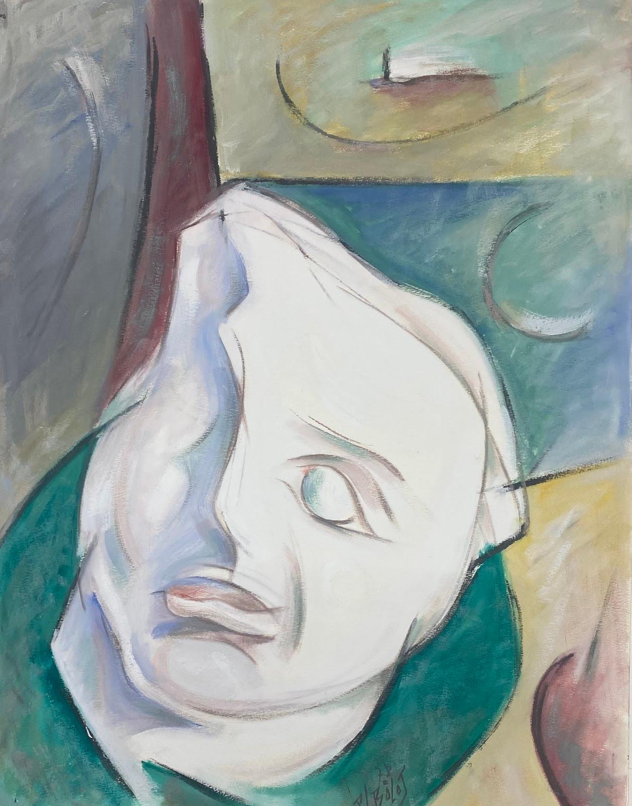 Unknown Figurative Painting - 20th Century French Modernist Gouache Painting White Half Visage Character 