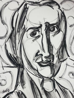 Siglo XX Modernista Francés Caricatura Monocroma Retrato De Hombre