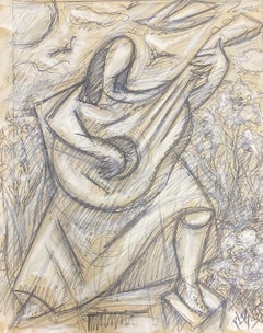 20th Century French Modernist Monochrome Sketch Of Female String Musician