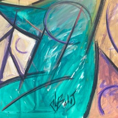 20th Century French Modernist Painting Female Musician In Green With Violin