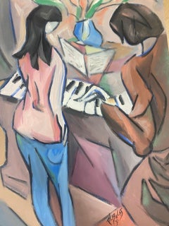 20th Century French Modernist Painting Pastel Colors The Piano Duet