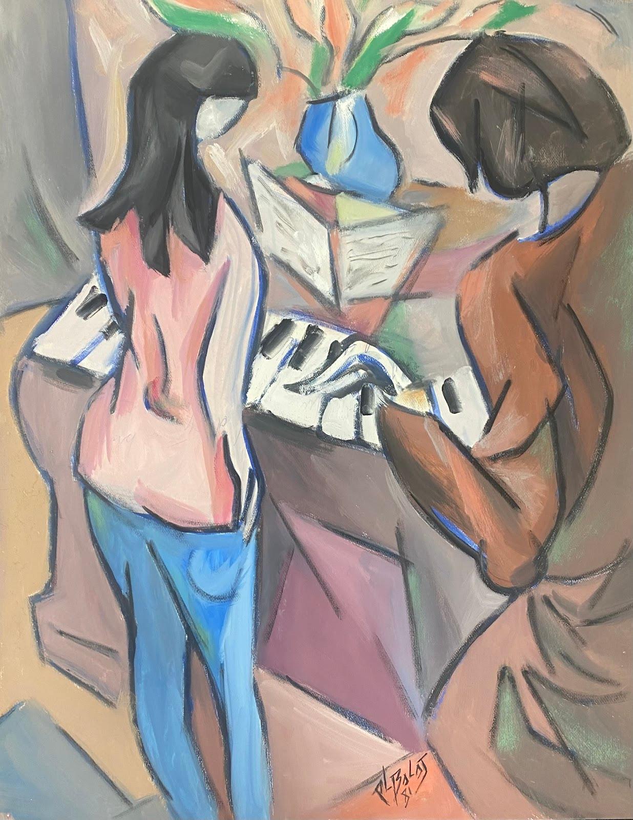 Unknown Figurative Painting - 20th Century French Modernist Painting Pastel Colors The Piano Duet