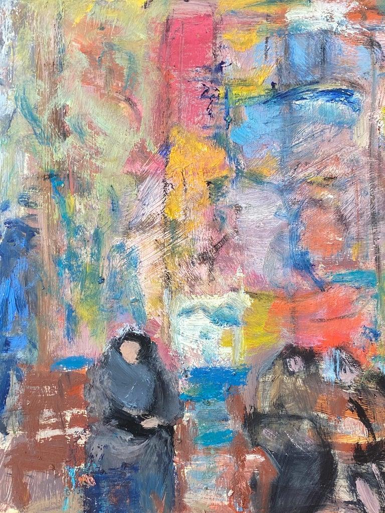 20th Century German Modernist Oil Painting Figures Colorful Street Scene - Gray Figurative Painting by Unknown