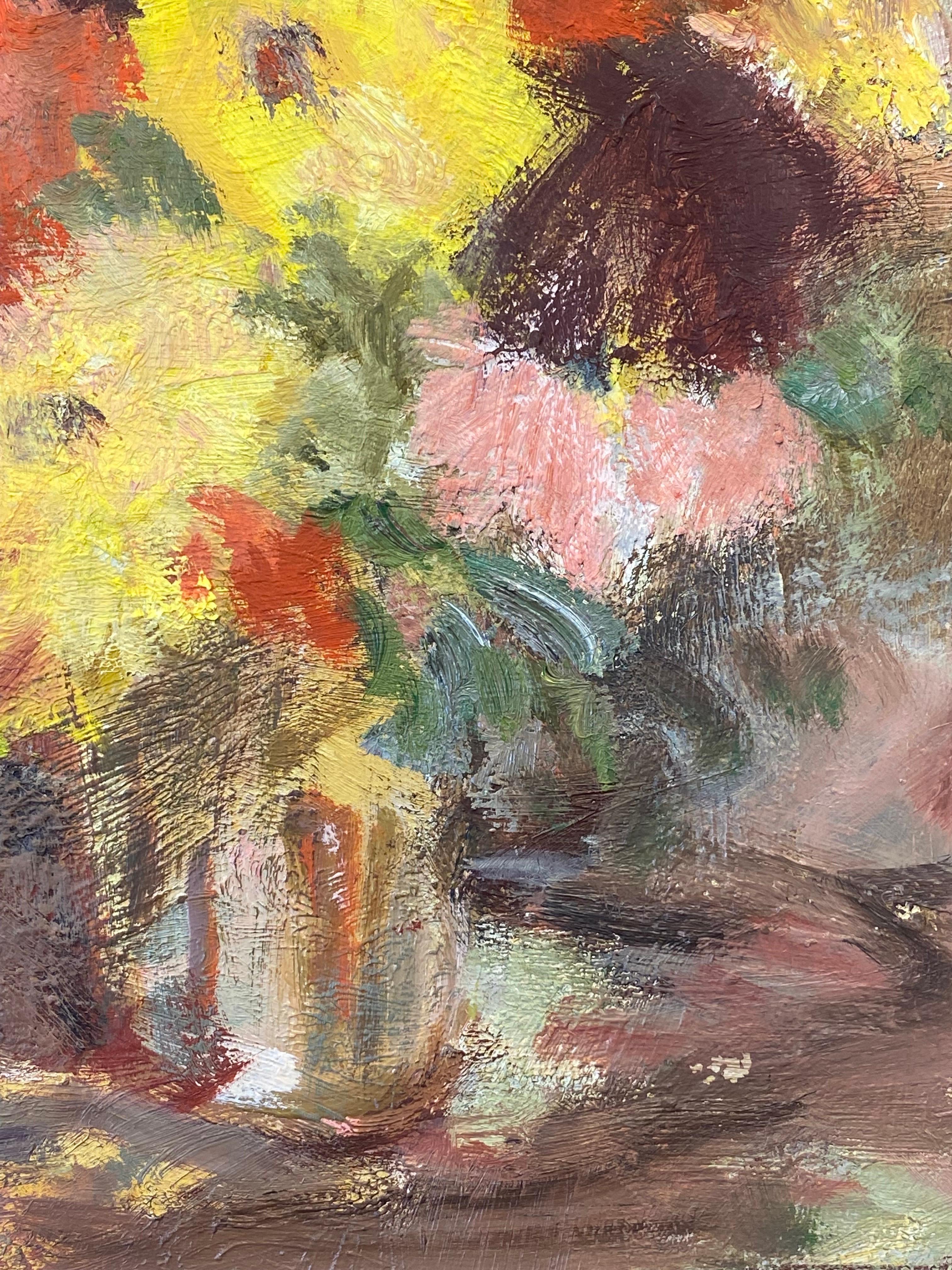 Deutsches modernistisches Ölgemälde des 20. Jahrhunderts, lebhafte Blumen in Vase, Ölgemälde (Braun), Still-Life Painting, von Unknown