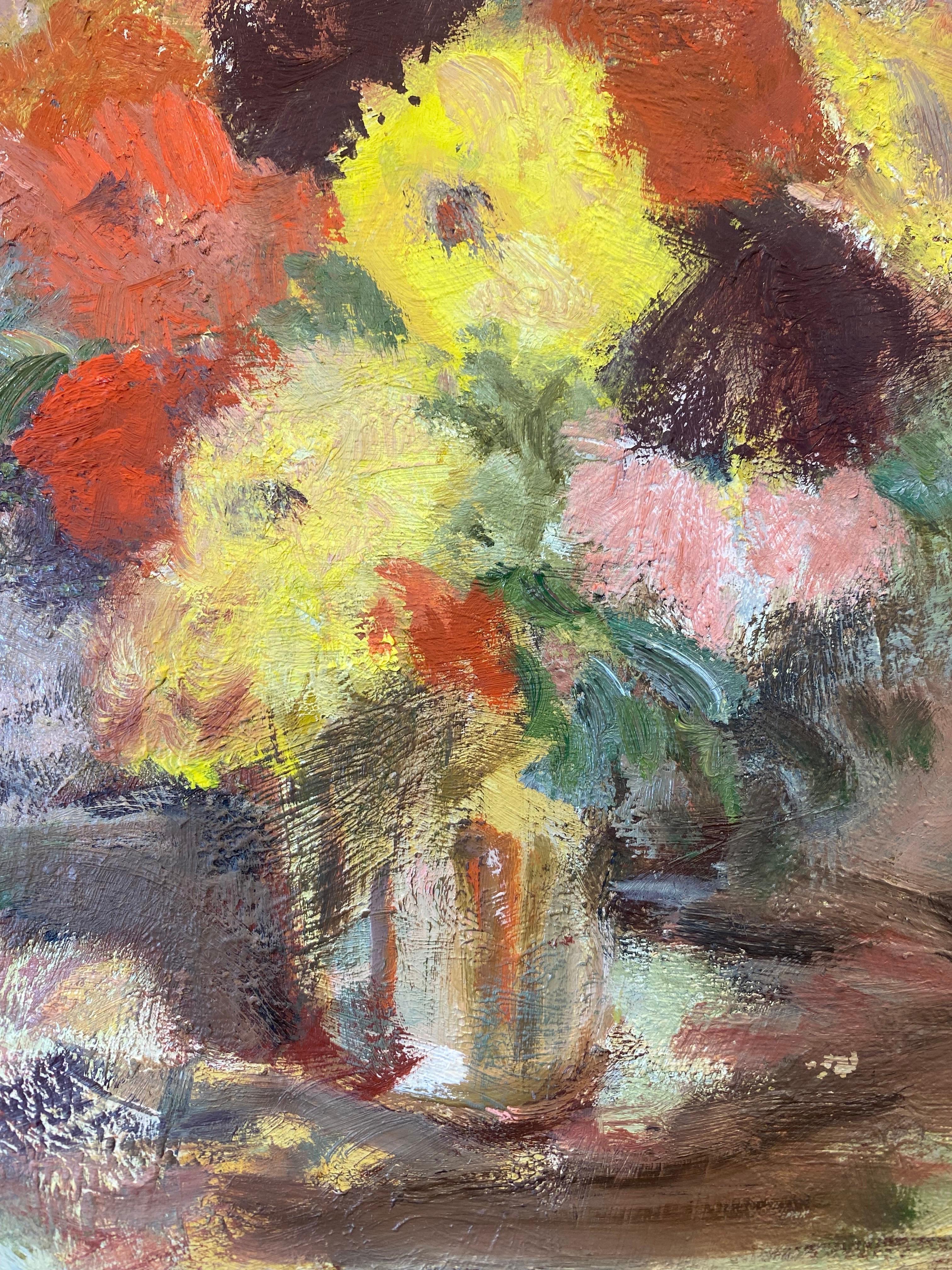 Deutsches modernistisches Ölgemälde des 20. Jahrhunderts, lebhafte Blumen in Vase, Ölgemälde im Angebot 1