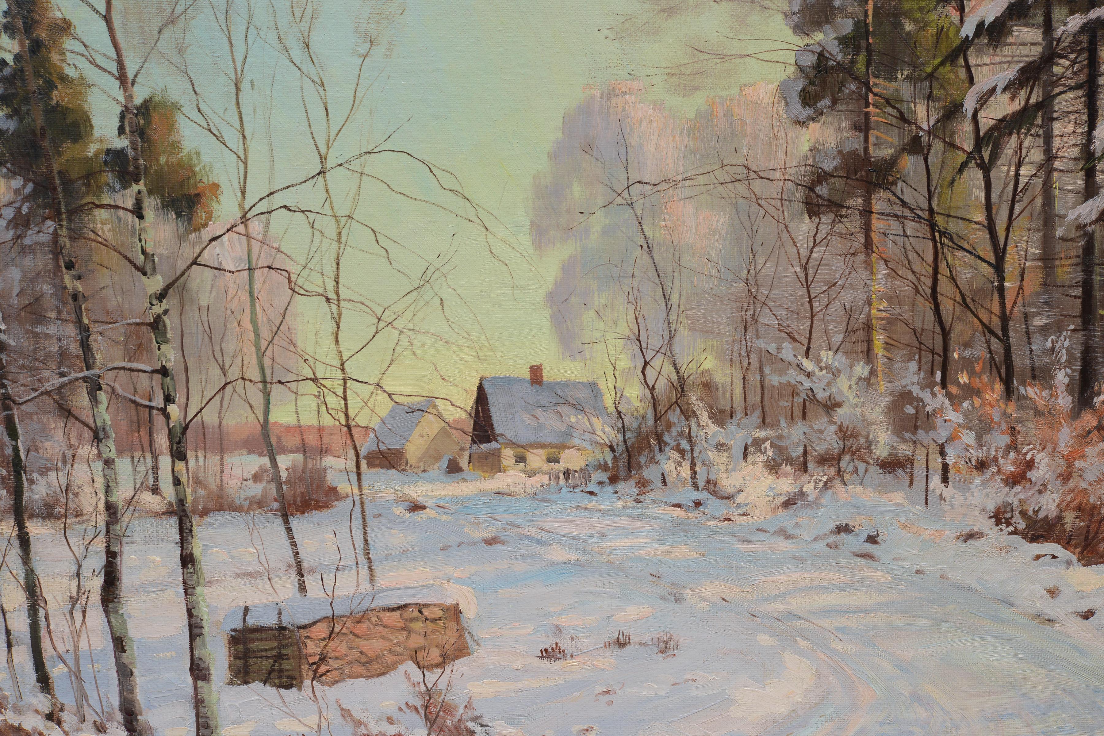 20th Century Large Scandinavian Winter Forest Road Landscape Oil Painting Signed - Brown Landscape Painting by Unknown