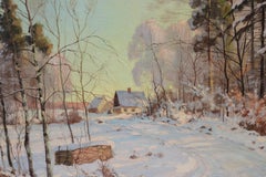 20th Century Large Scandinavian Winter Forest Road Landscape Oil Painting Signed