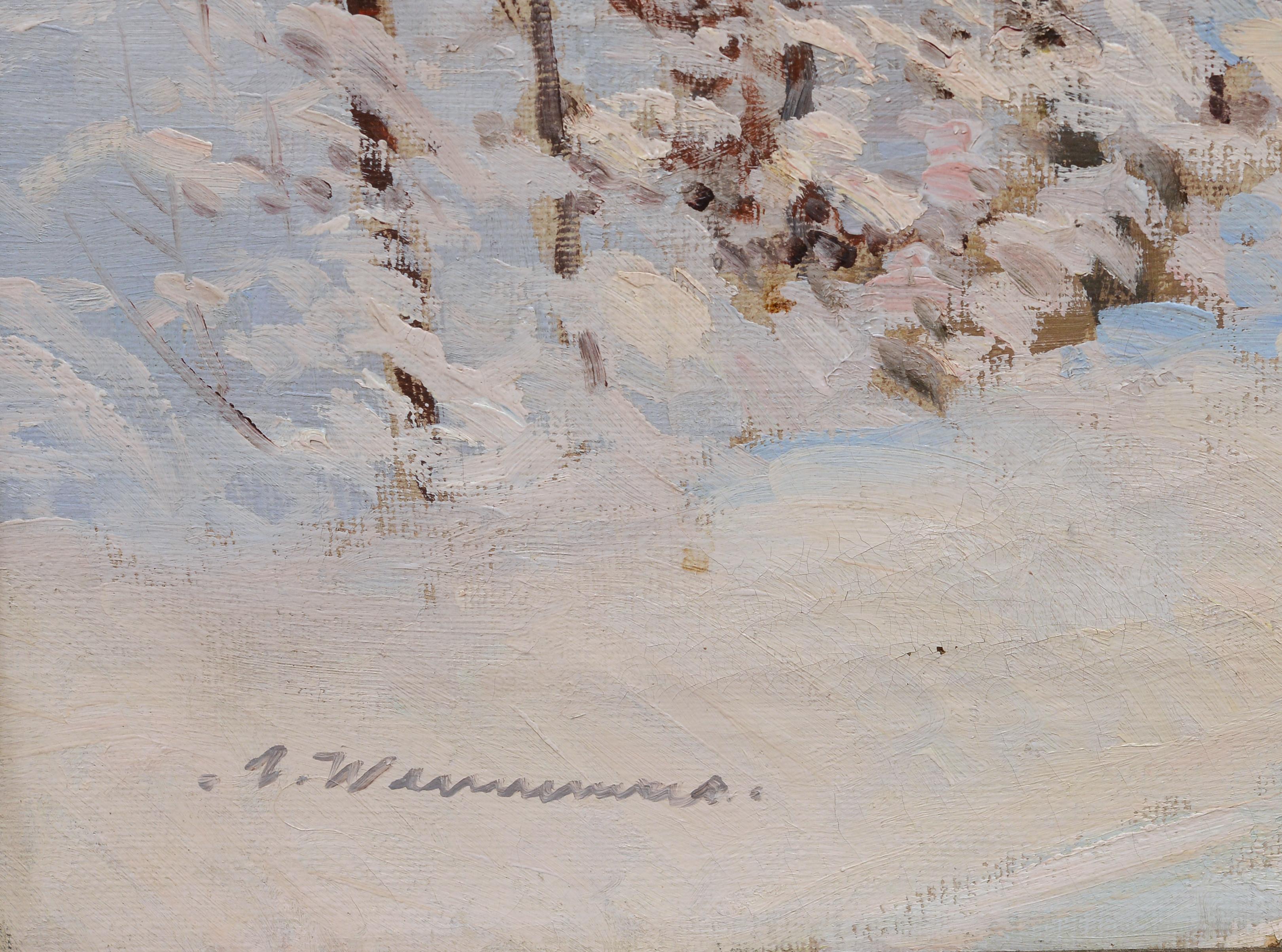 20th Century Large Scandinavian Winter Forest Road Landscape Oil Painting Signed For Sale 1