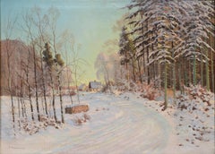 20th Century Large Scandinavian Winter Forest Road Landscape Oil Painting Signed