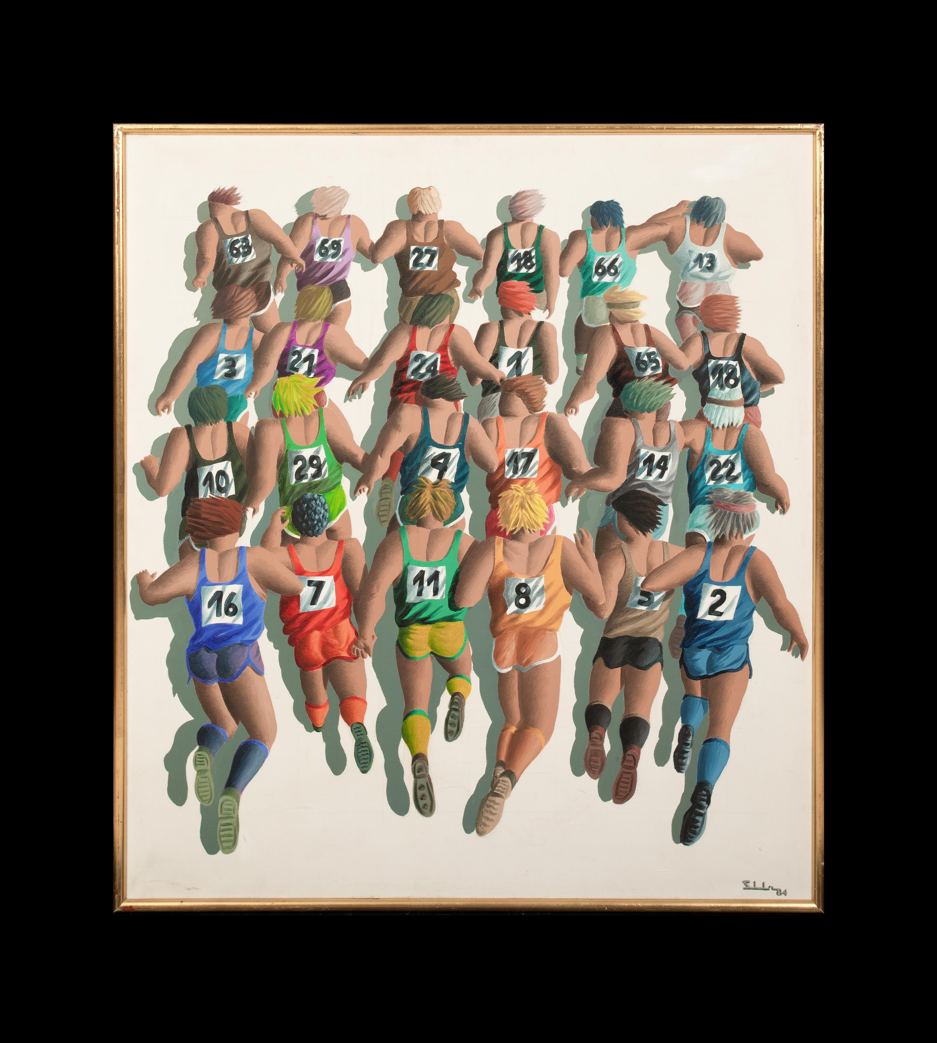 20th Century London Marathon Runners, dates 1984  signed SLL - Painting by Unknown