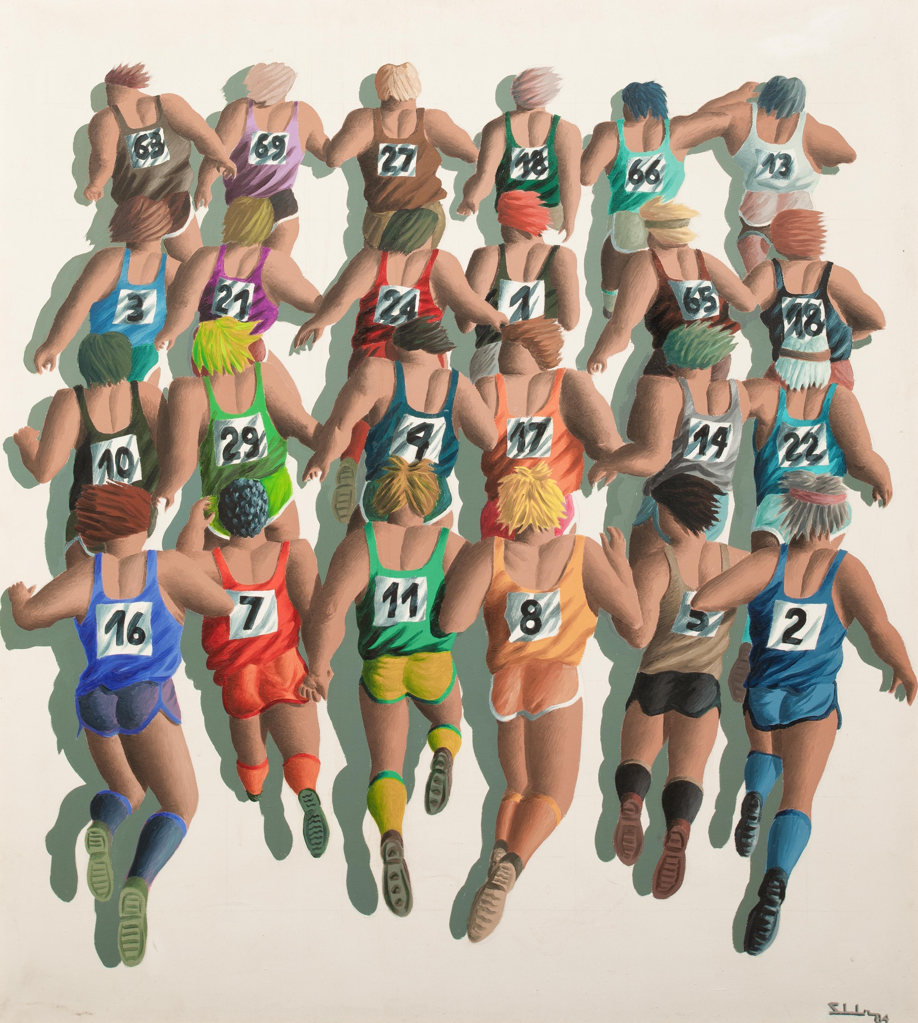 20th Century London Marathon Runners, dates 1984  signed SLL - Beige Portrait Painting by Unknown