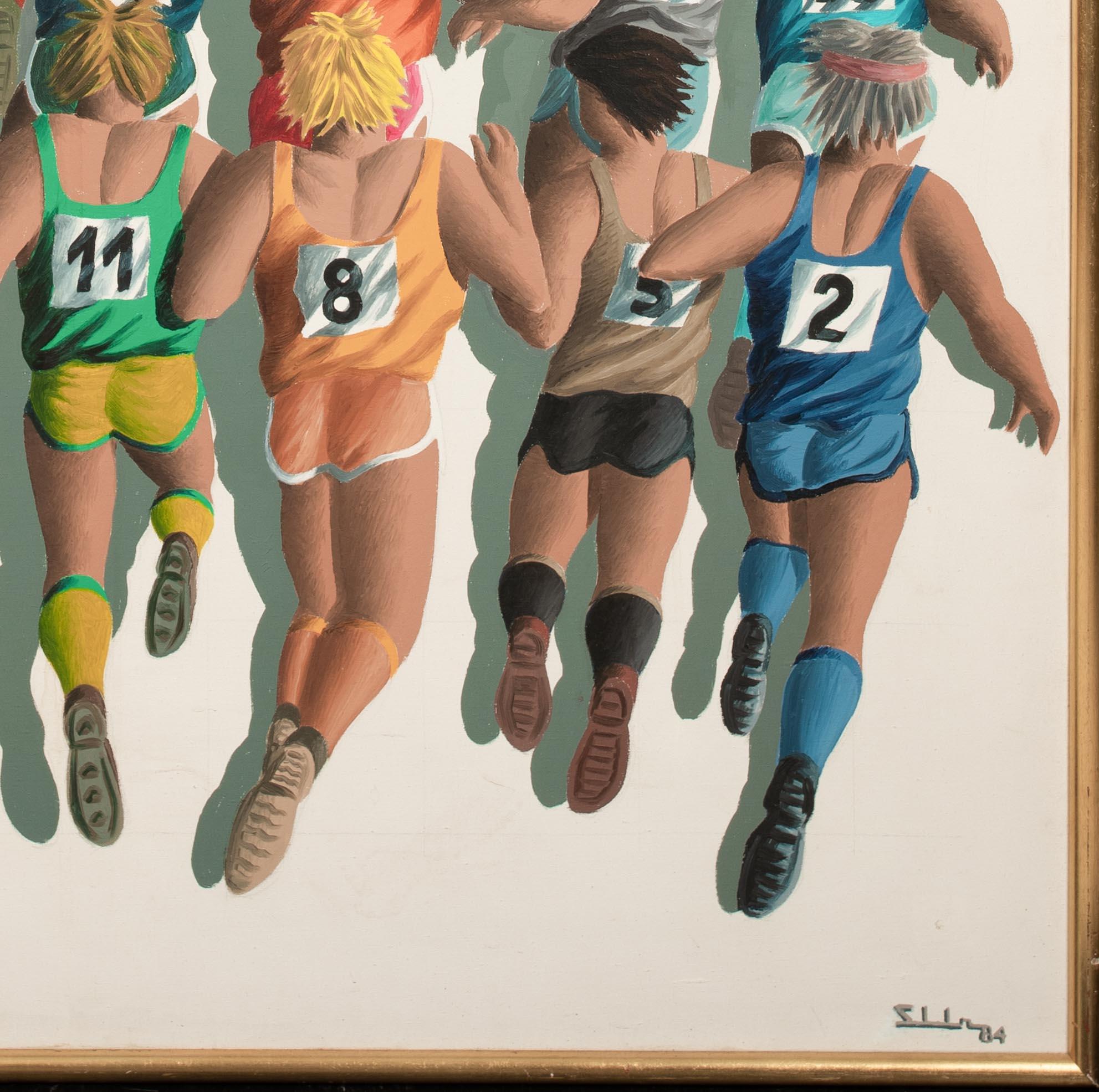 Marathon Runners, dates 1984

signed SLL

Large 1980's Marathon Scene of runners during the race, oil on canvas signed and dated. Unique modern composition of the logd distance runners from a rear perspective by an accomplished but unidentified