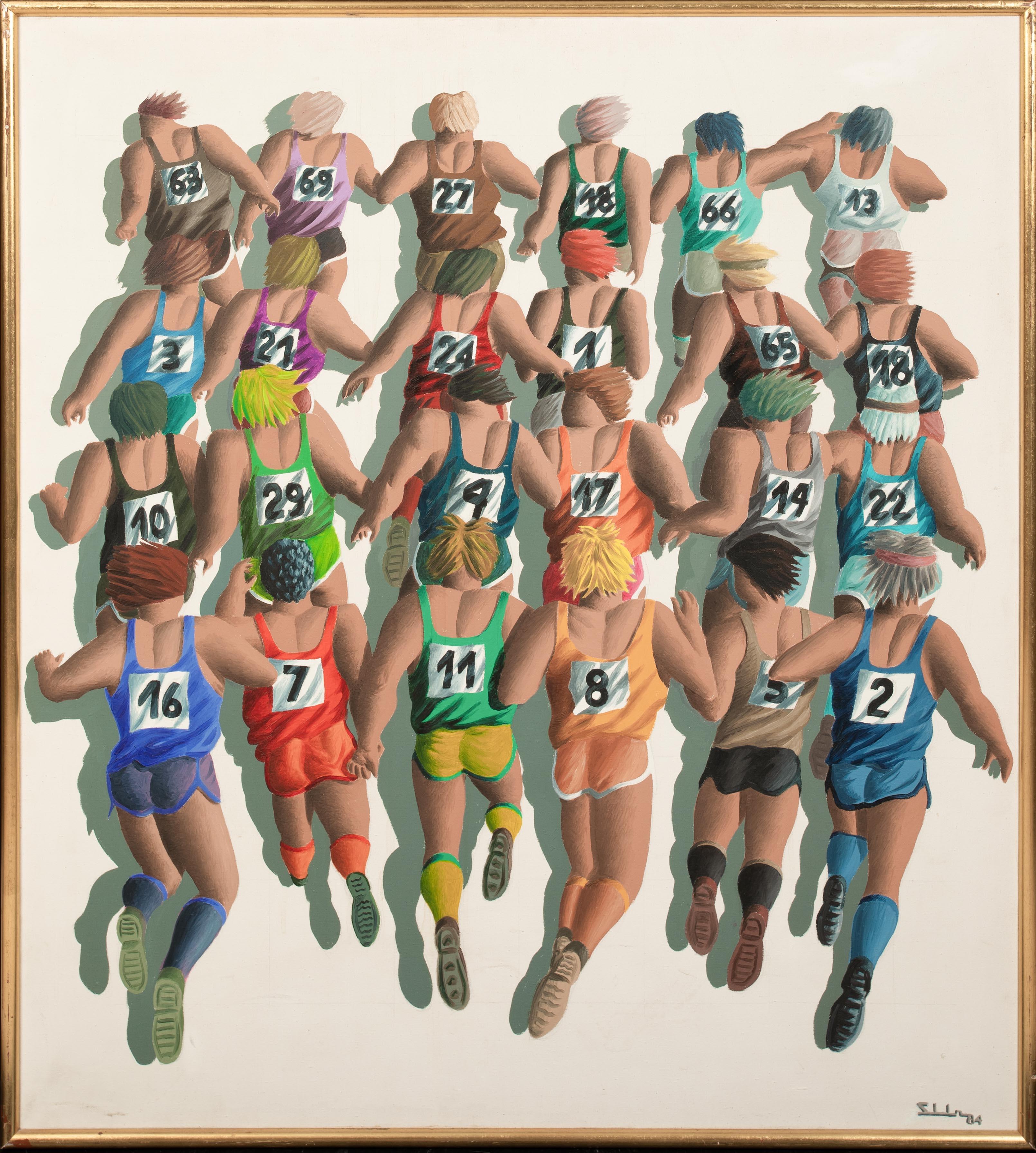 Unknown Portrait Painting - 20th Century London Marathon Runners, dates 1984  signed SLL