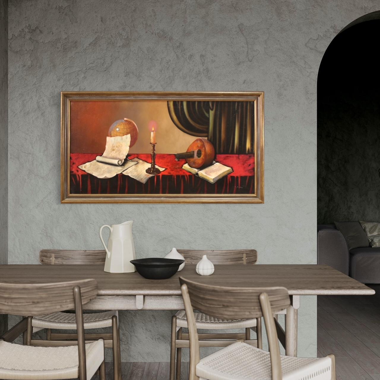 Italian painting from the late 20th century. Framework mixed media on canvas depicting still life, table adorned with a musical instrument, globe, candle, book and notes of good pictorial quality. Beautifully decorated carved and lacquered wooden
