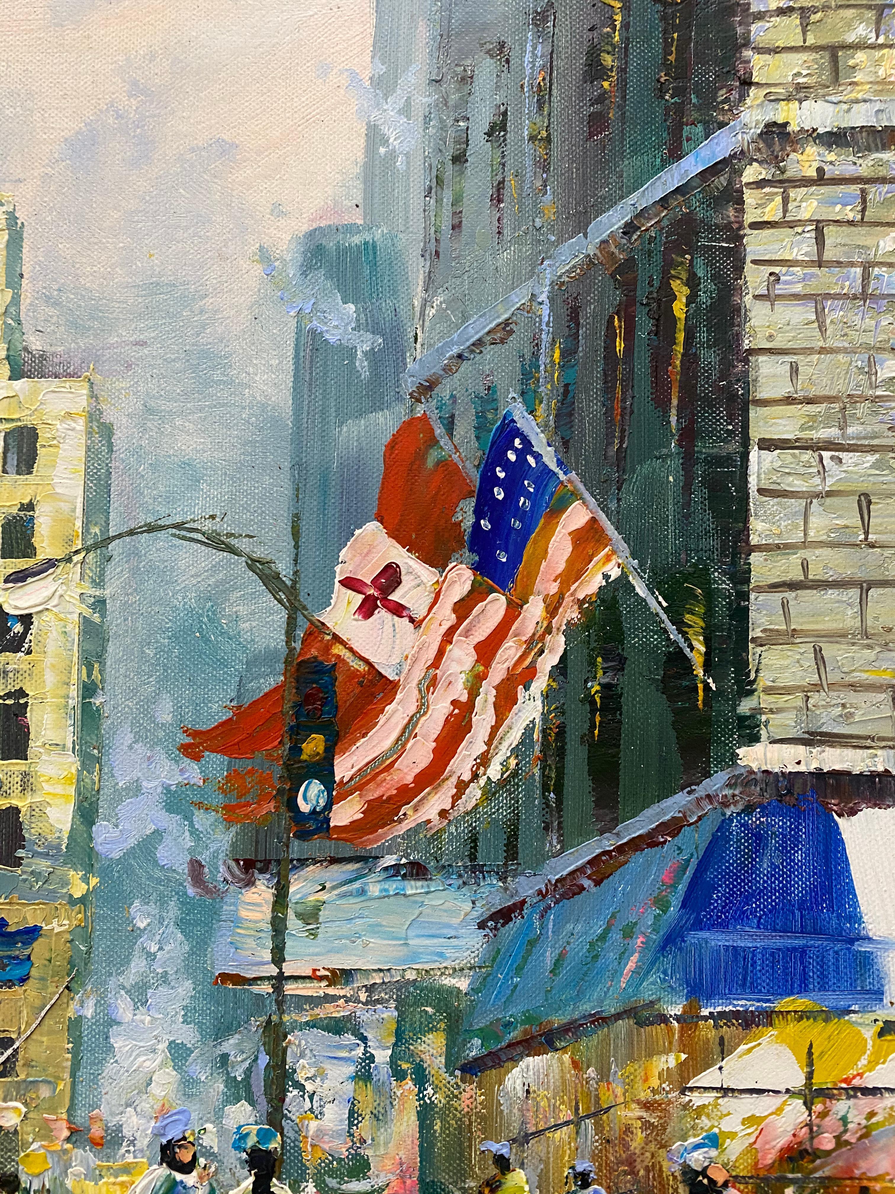 New Yorker Stadtlandschaft des 20. Jahrhunderts mit Figuren und Flaggen von Sebastian im Angebot 6