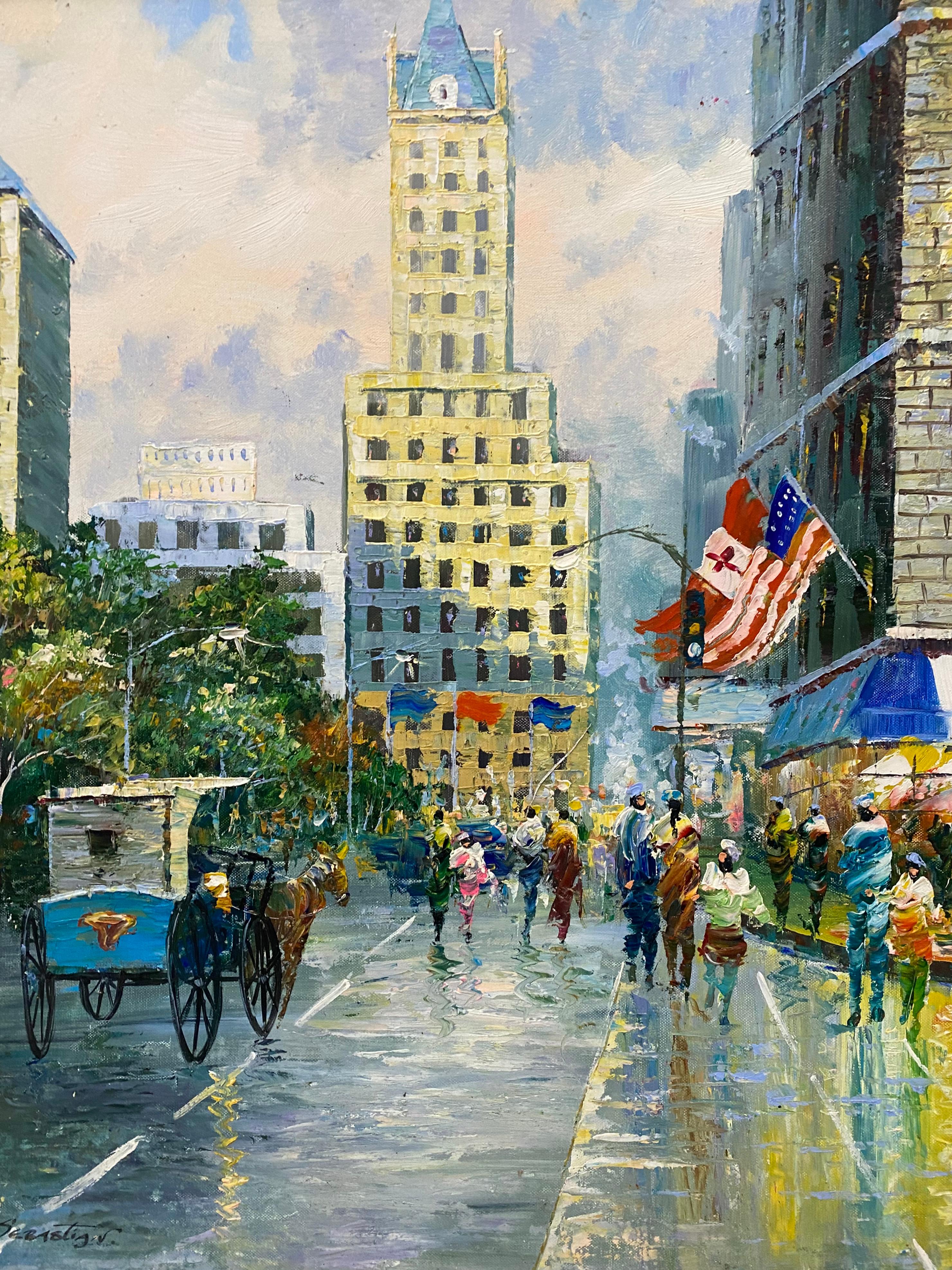 20th Century New York Cityscape W/ Figures & Flags by Sebastian - Painting by Unknown