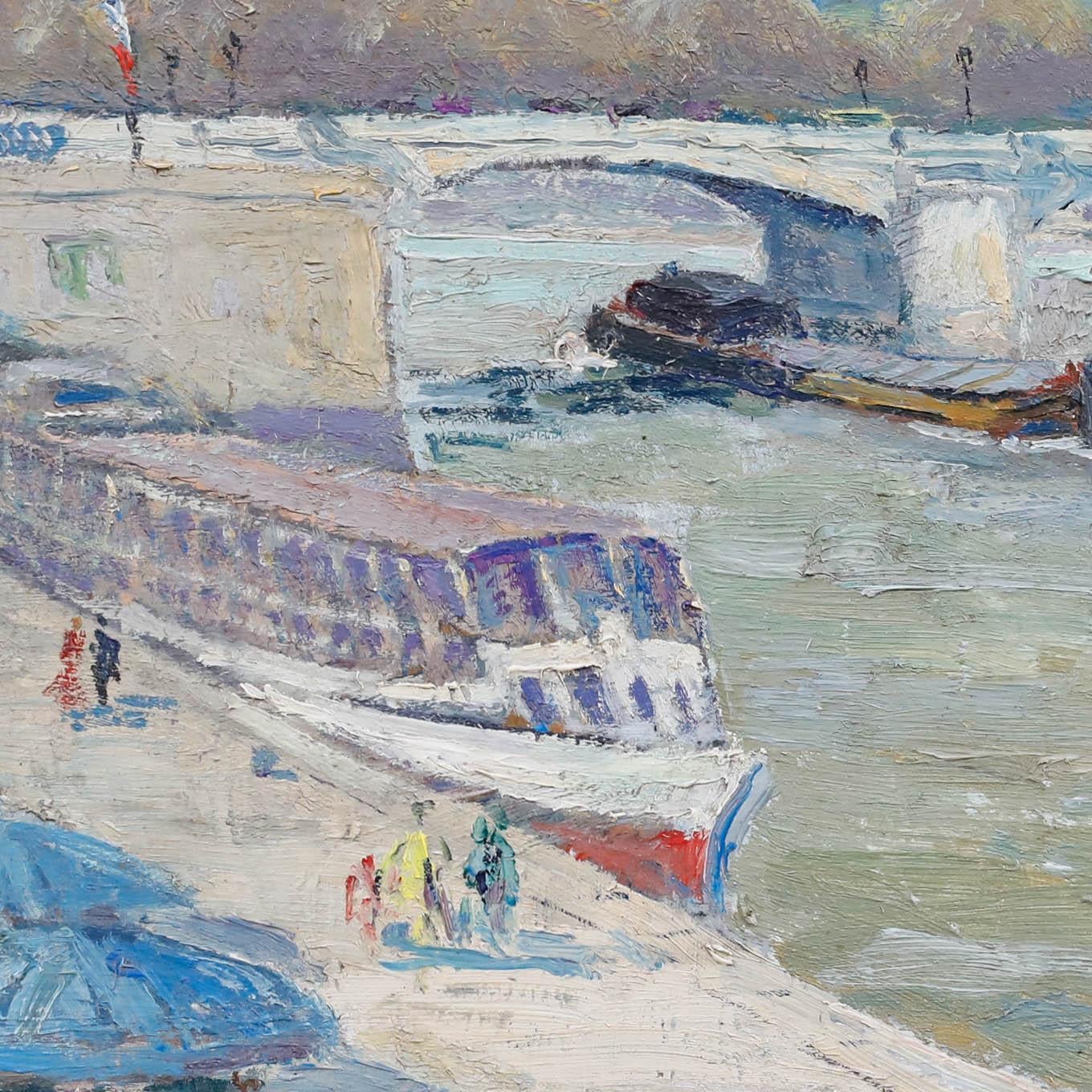 A charming impressionist scene depicting figures out for a stroll along the Seine on a sunny day. With areas of impasto, the artist has created a wonderfully textural piece that immerses the viewer in this idyllic landscape. Signed possibly