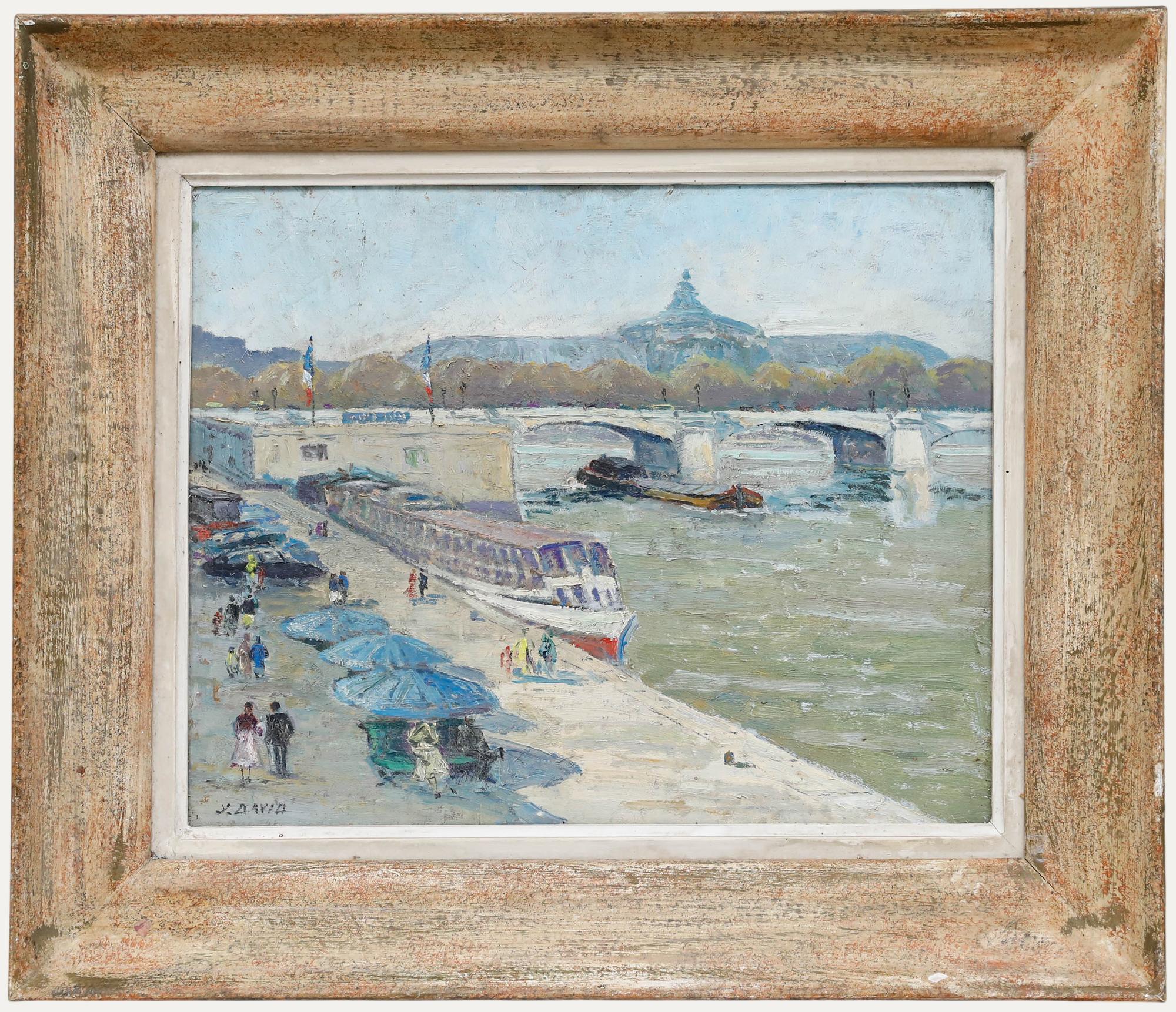 Unknown Landscape Painting - 20th Century Oil - A Stroll Along the Seine