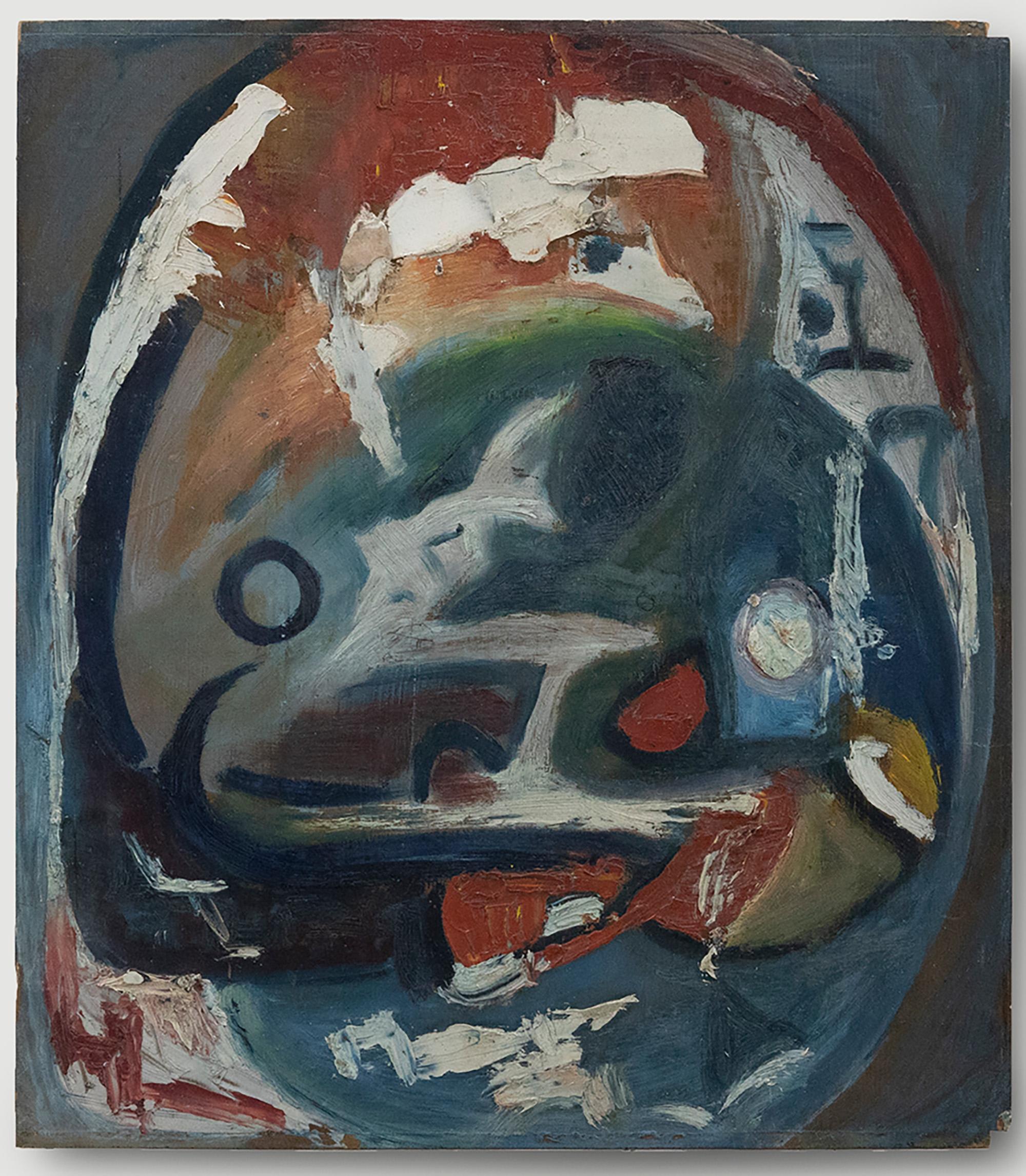 A striking 20th Century abstract oil, using areas of impasto paint and swirling shapes to create a dynamic composition. The painting is unsigned. On wood panel. 