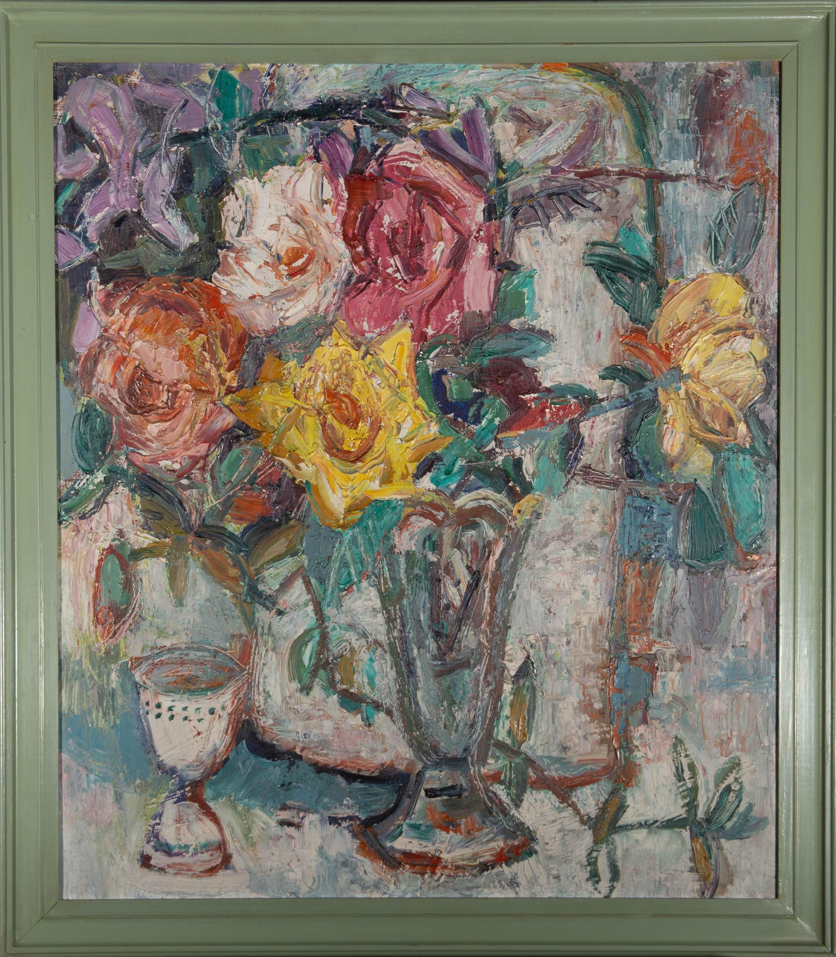 Unknown Still-Life Painting - 20th Century Oil - An Explosion of Roses