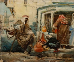 Huile du 20e siècle - Scène de marché arabe