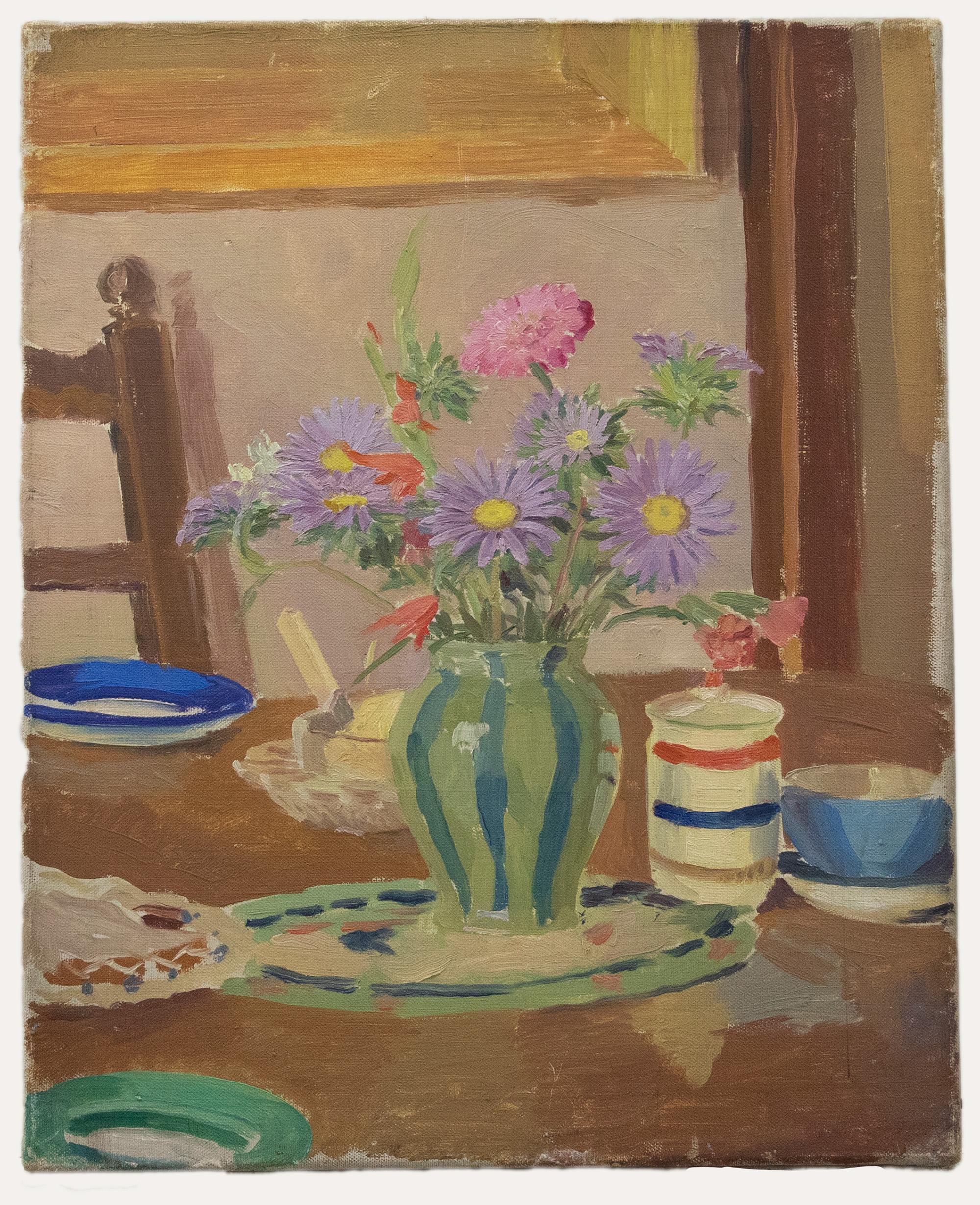 20th Century Oil - Asters on the Dining Table - Painting by Unknown