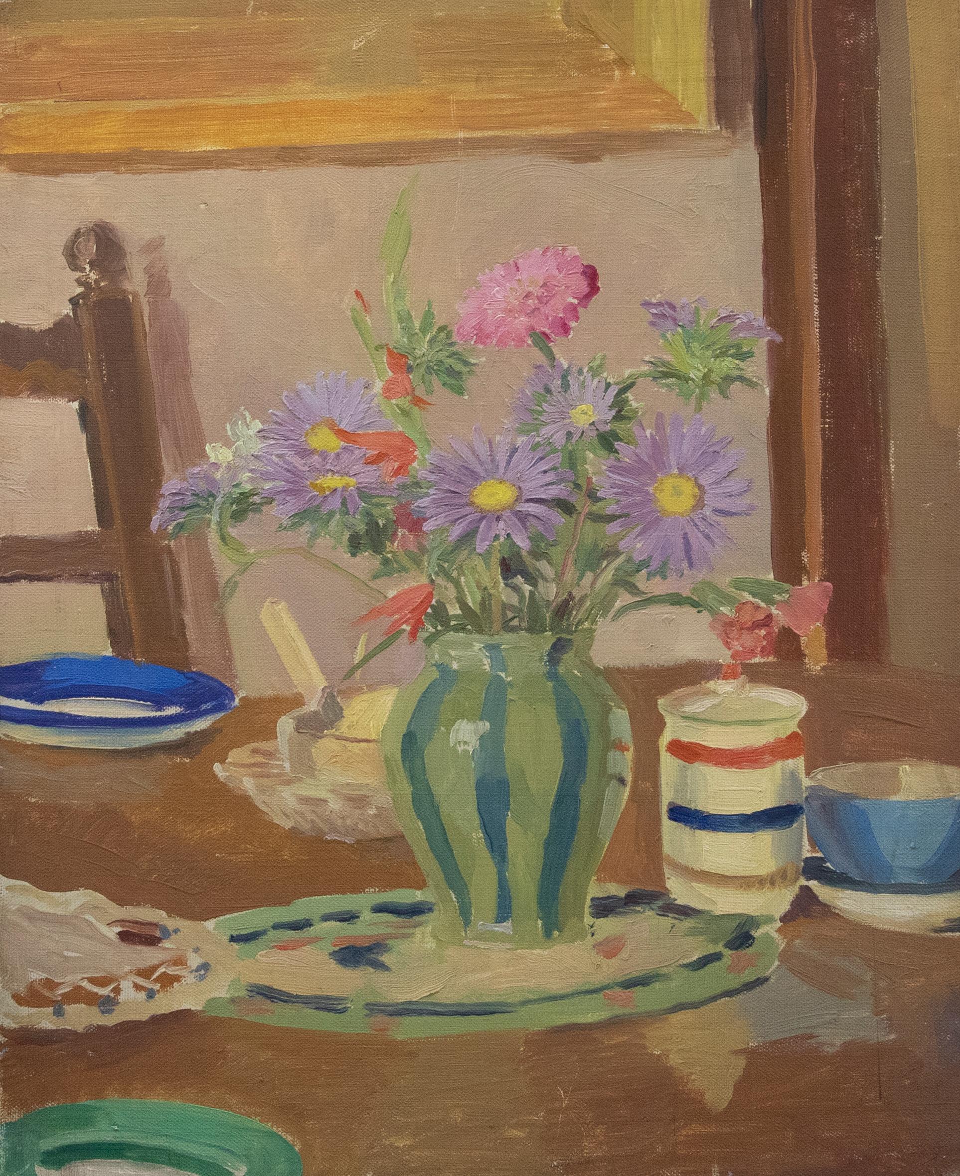 Unknown Still-Life Painting - 20th Century Oil - Asters on the Dining Table