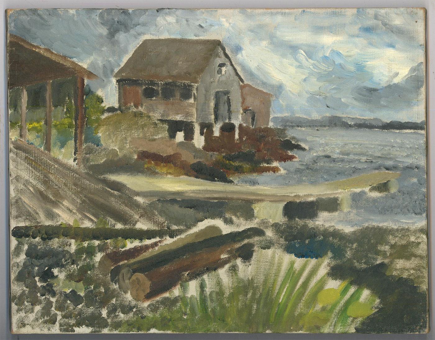An emotive, impressionistic oil of a cold and blustery lake scene, with sheltered buildings and timber logs in the foreground. Unsigned. On canvas on stretchers. 
