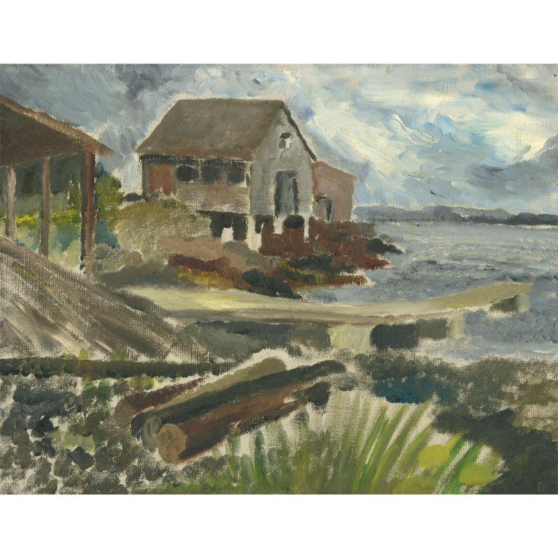 20th Century Oil - Barns by a Lake For Sale 1