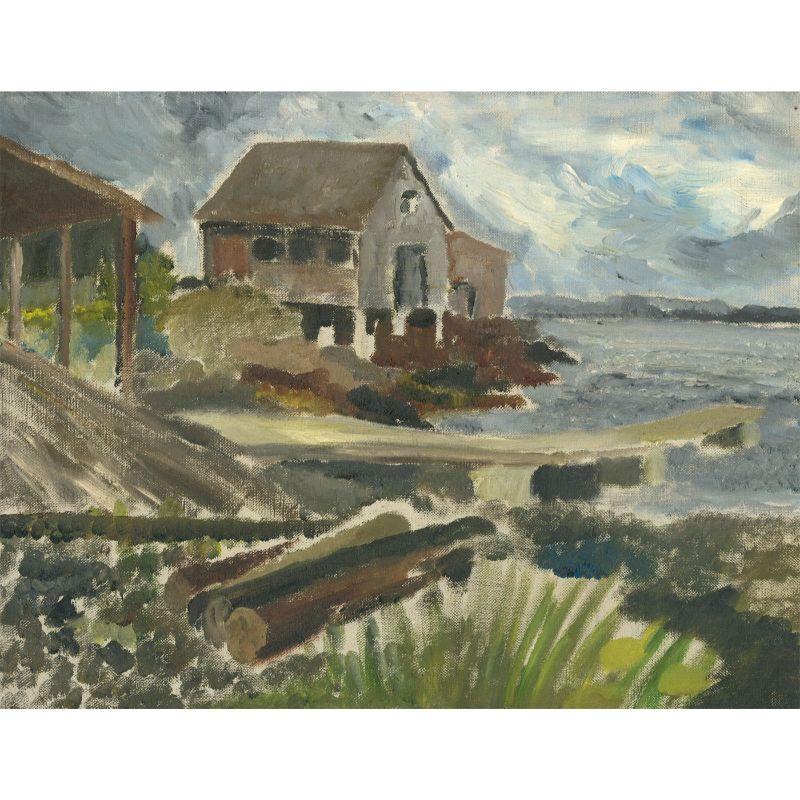 Un olio emotivo e impressionistico di una scena lacustre fredda e ventosa, con edifici riparati e tronchi di legno in primo piano. Senza segno. Su tela su barelle. 
