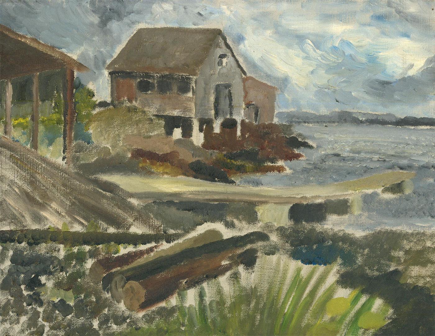 Landscape Painting di Unknown - Olio del XX secolo - Fienili sul lago
