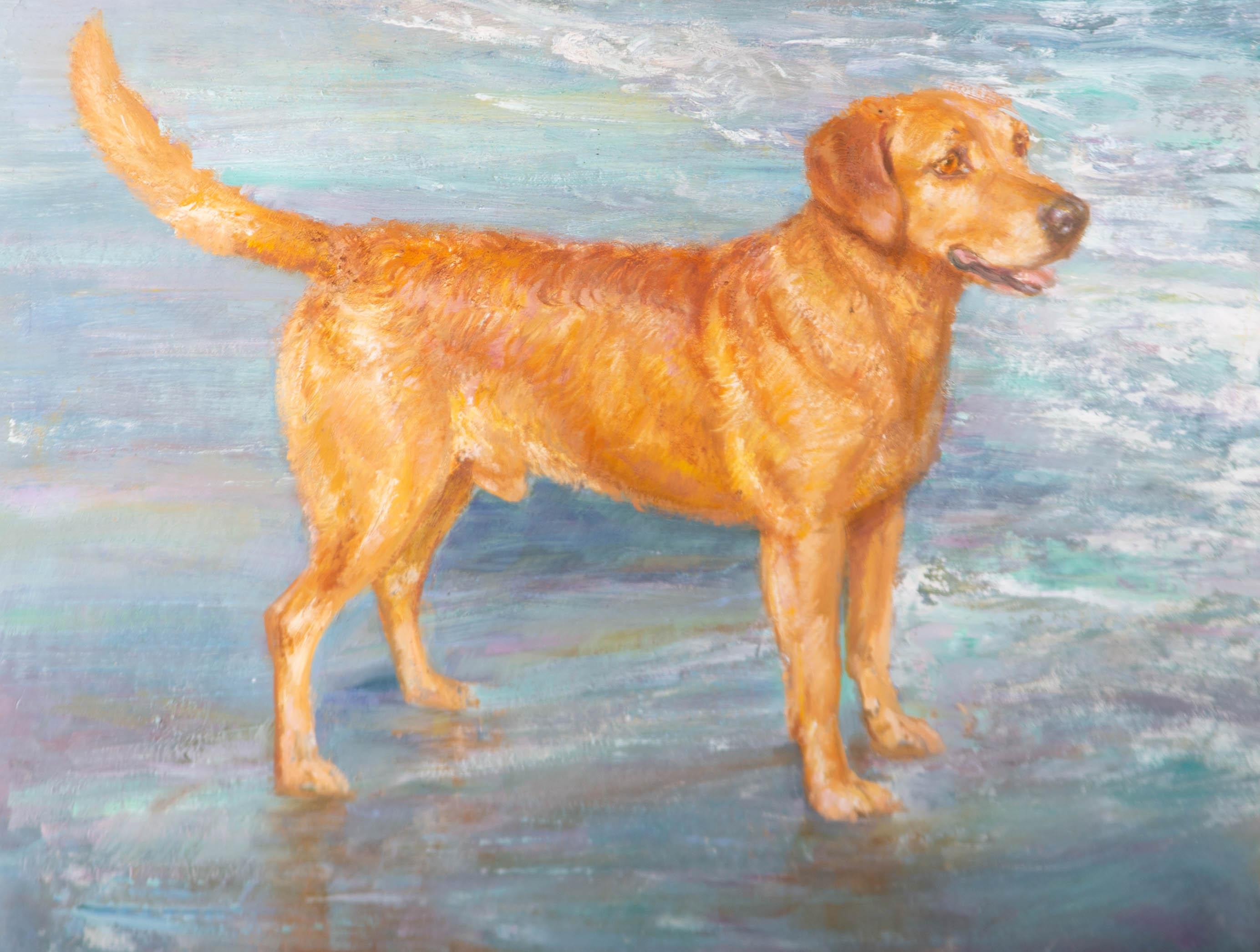 20th Century Oil - Beach Scene with Golden Retriever - Painting by Unknown
