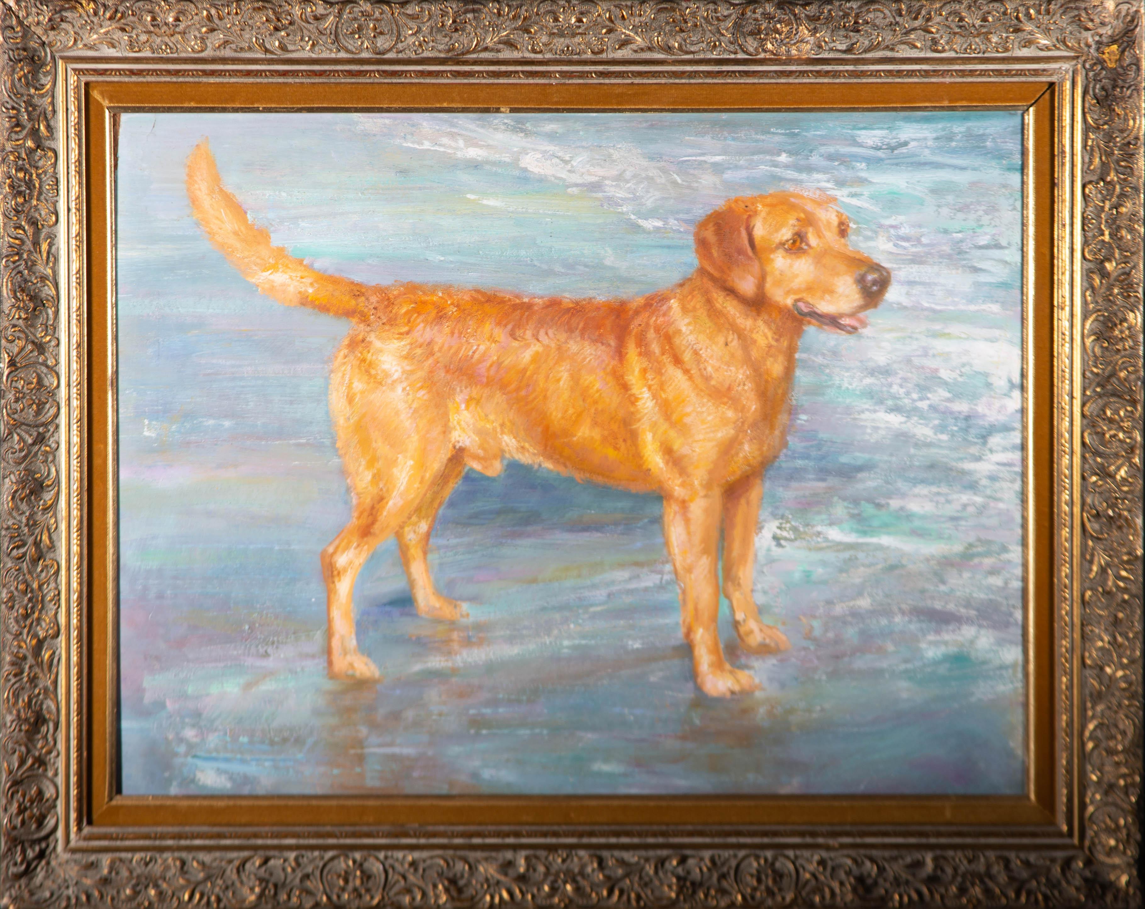 Unknown Animal Painting - 20th Century Oil - Beach Scene with Golden Retriever