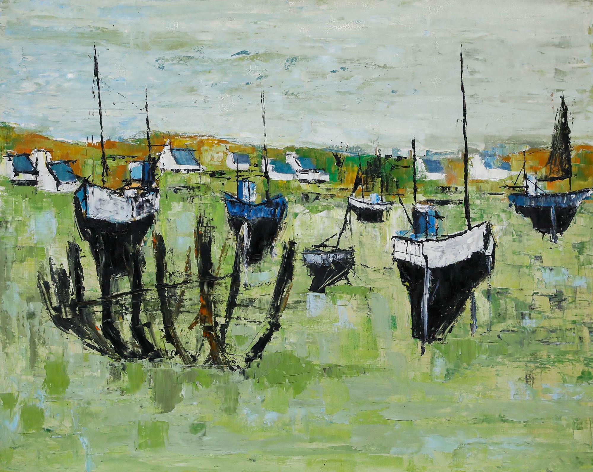 Öl des 20. Jahrhunderts - Gestrandete Segelboote – Painting von Unknown