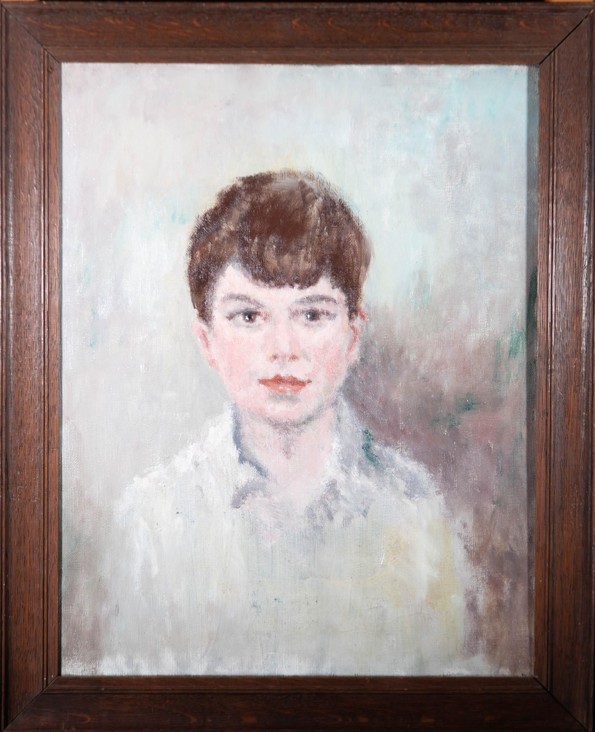 Unknown Portrait Painting - 20th Century Oil - Boy in White Shirt