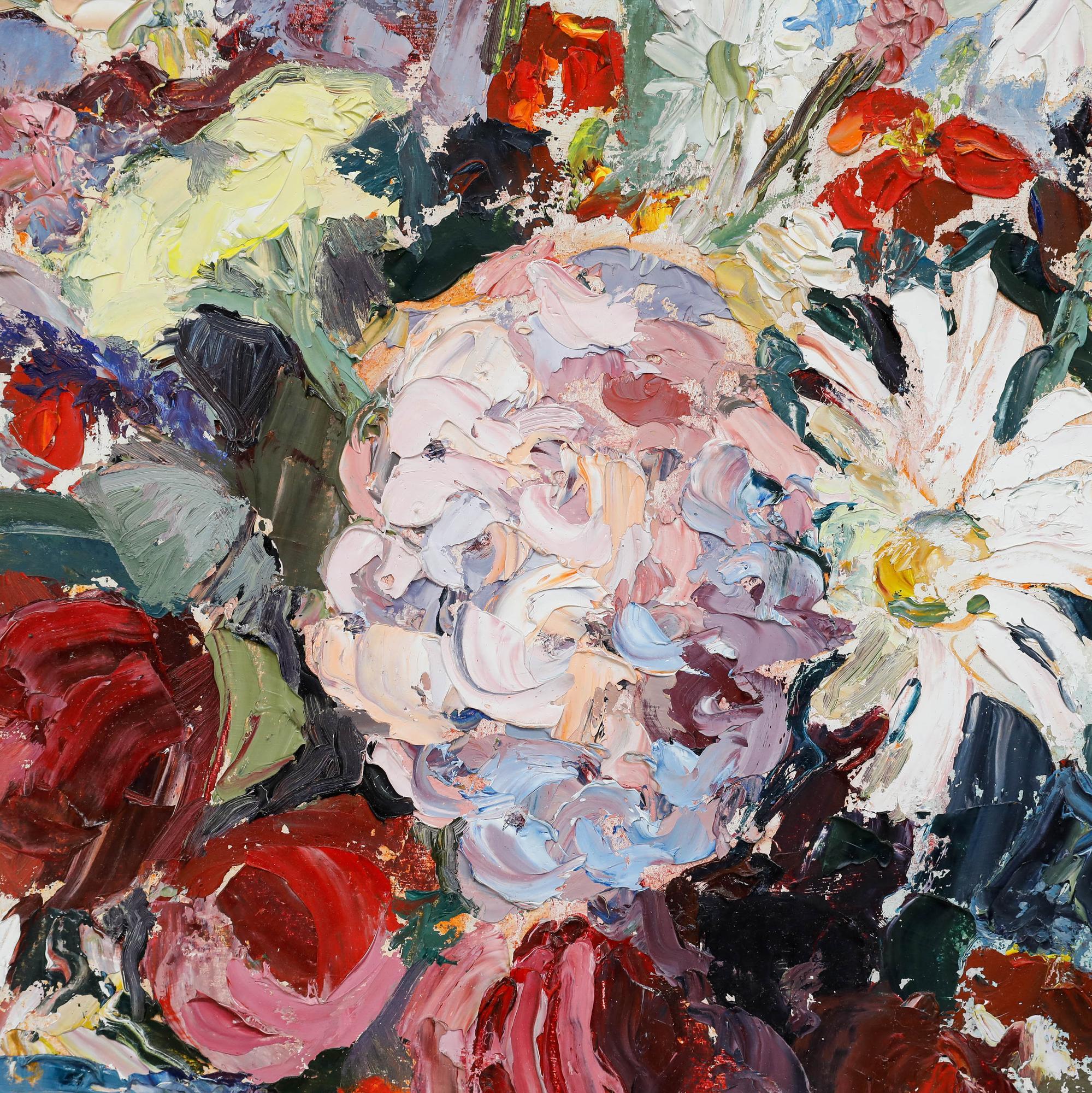 Huile du 20e siècle - Burst of Flora - Gris Abstract Painting par Unknown