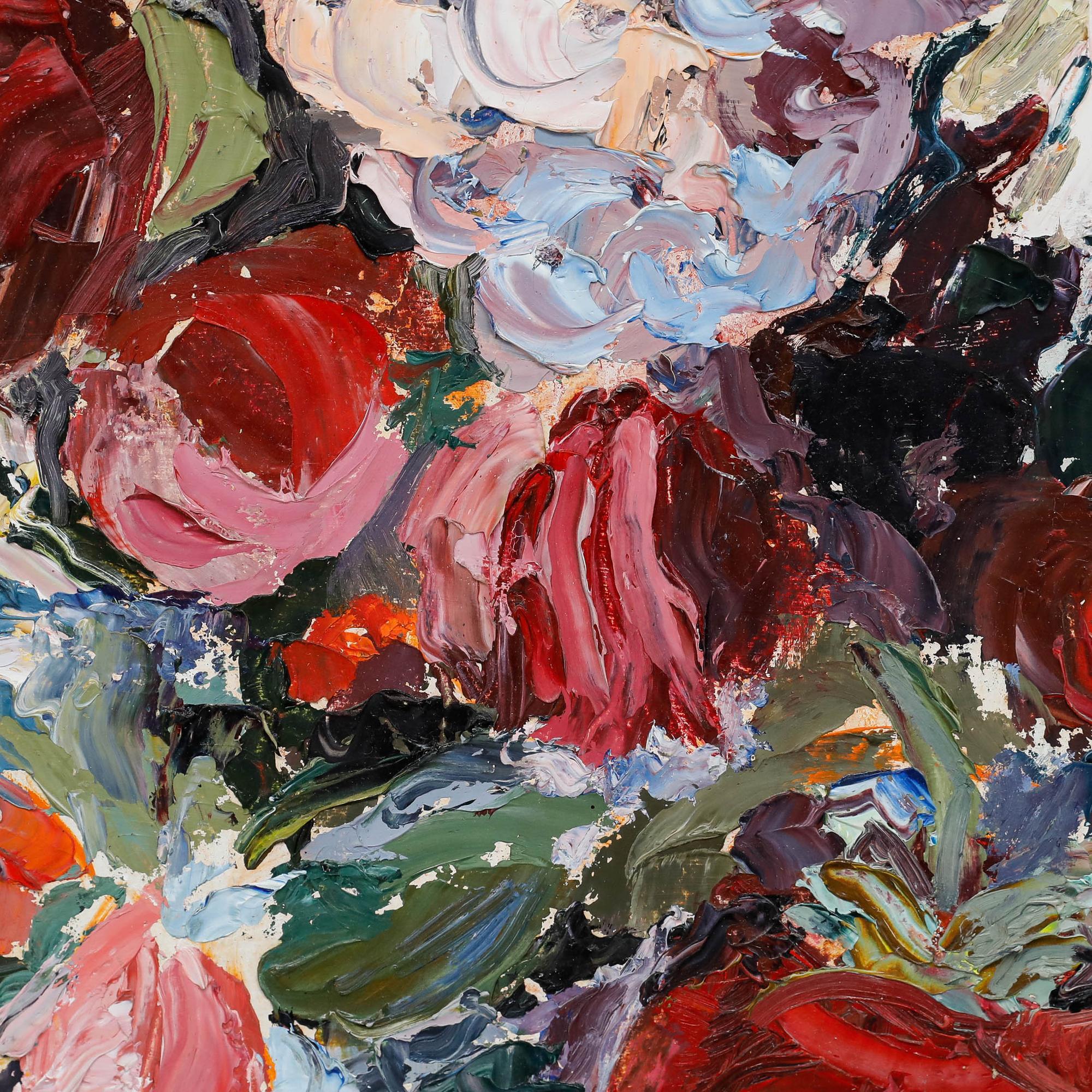 Une étude dynamique représentant des fleurs d'été capturées dans un style audacieux et expressif. Signé avec un monogramme en bas à droite. Bien présenté dans un cadre en forme de plateau. A bord. 